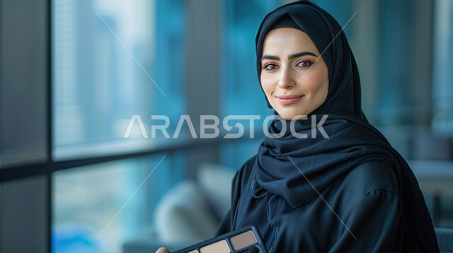 مفهوم الأنوثة والنعومة، أزياء محجبات عصرية حديثة، الاهتمام بالأناقة والجمال والمظهر الخارجي, بورتريه لامرأة خليجية سعودية عربية تنظر إلى الكاميرا بحركات تدل على الثقة بالنفس والمتعة