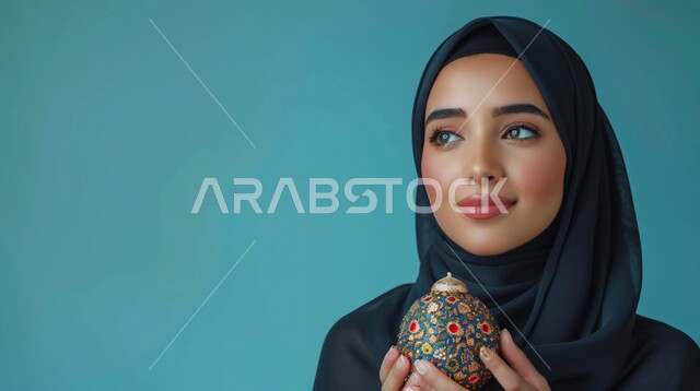 مفهوم الأنوثة والنعومة، أزياء محجبات عصرية حديثة، الاهتمام بالأناقة والجمال والمظهر الخارجي, بورتريه لامرأة خليجية سعودية عربية تنظر إلى الكاميرا بحركات تدل على الثقة بالنفس والمتعة