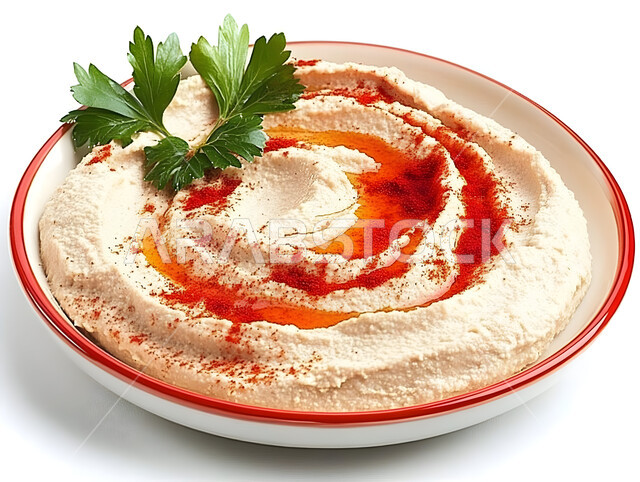 مأكولات وأطعمة تقليدية، وجبات الإفطار الصحية الشهية في المطاعم الشرقية، أصناف المقبلات الشعبية الباردة، صورة مقربة لطبق حمص كريمي مزين بالبقدونس والفلفل الحلو ، فنون التقديم في مطابخ المملكة العربية السعودية ، خلفيه بيضاء