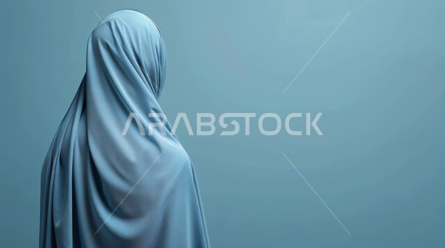The concept of femininity and softness, modern veiled fashion, interest in elegance, beauty and external appearance, portrait of a veiled Saudi Arab Gulf woman looking at something, blue background