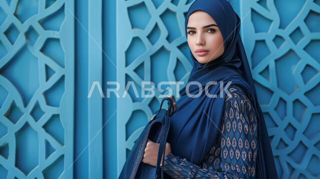 الاهتمام بالأناقة والجمال والمظهر الخارجي, أزياء محجبات عصرية حديثة، مفهوم الأنوثة والنعومة، صورة مقربة لامرأة خليجية سعودية عربية محجبة تنظر إلى الكاميرا بحركات تدل على الثقة بالنفس والمتعة