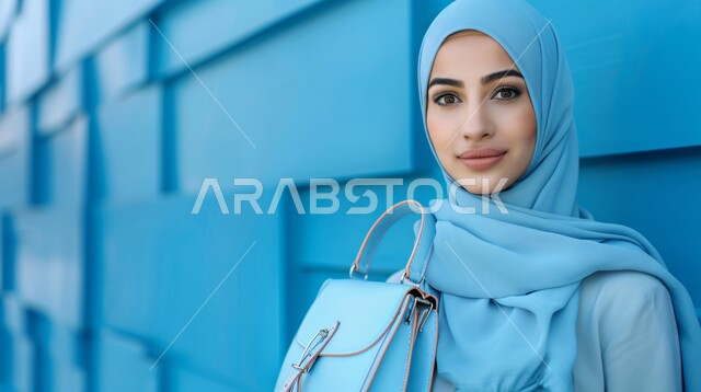 الاهتمام بالأناقة والجمال والمظهر الخارجي, أزياء محجبات عصرية حديثة، مفهوم الأنوثة والنعومة، صورة مقربة لامرأة خليجية سعودية عربية محجبة تنظر إلى الكاميرا بحركات تدل على الثقة بالنفس والمتعة