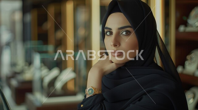 الاهتمام بالأناقة والجمال والمظهر الخارجي, أزياء محجبات عصرية حديثة، مفهوم الأنوثة والنعومة، صورة مقربة لامرأة خليجية سعودية عربية محجبة تنظر إلى الكاميرا بحركات تدل على الثقة بالنفس والسرور