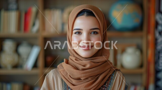 الاهتمام بالأناقة والجمال والمظهر الخارجي, أزياء محجبات عصرية حديثة، مفهوم الأنوثة والنعومة، صورة مقربة لامرأة خليجية سعودية عربية محجبة تنظر إلى الكاميرا بحركات تدل على الثقة بالنفس والسرور