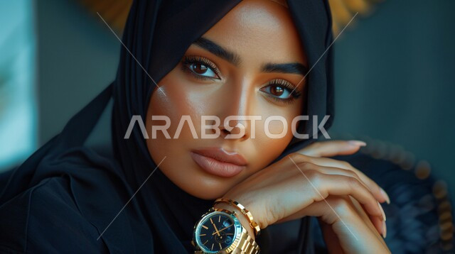 الاهتمام بالأناقة والجمال والمظهر الخارجي, أزياء محجبات عصرية حديثة، مفهوم الأنوثة والنعومة، صورة مقربة لامرأة خليجية سعودية عربية محجبة تنظر إلى الكاميرا بحركات تدل على الثقة بالنفس والسرور
