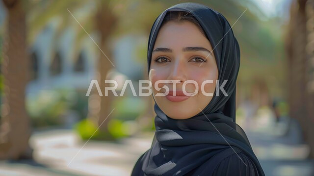 الاهتمام بالأناقة والجمال والمظهر الخارجي, أزياء محجبات عصرية حديثة، مفهوم الأنوثة والنعومة، صورة مقربة لامرأة خليجية سعودية عربية محجبة تنظر إلى الكاميرا بحركات تدل على الثقة بالنفس والسرور