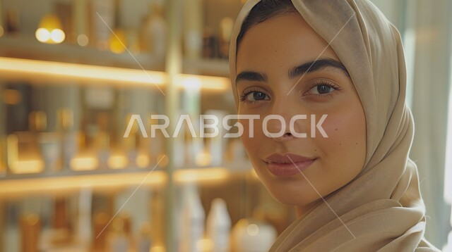 الاهتمام بالأناقة والجمال والمظهر الخارجي, أزياء محجبات عصرية حديثة، مفهوم الأنوثة والنعومة، صورة مقربة لامرأة خليجية سعودية عربية محجبة تنظر إلى الكاميرا بحركات تدل على الثقة بالنفس والسرور