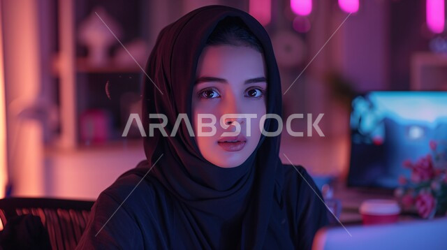 الاهتمام بالأناقة والجمال والمظهر الخارجي, أزياء محجبات عصرية حديثة، مفهوم الأنوثة والنعومة، صورة مقربة لامرأة خليجية سعودية عربية محجبة تنظر إلى الكاميرا بحركات تدل على الثقة بالنفس والسرور