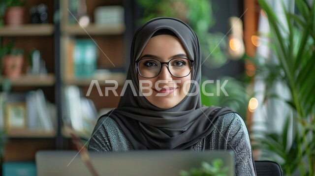 الاهتمام بالأناقة والجمال والمظهر الخارجي, أزياء محجبات عصرية حديثة، مفهوم الأنوثة والنعومة، صورة مقربة لامرأة خليجية سعودية عربية محجبة تنظر إلى الكاميرا بحركات تدل على الثقة بالنفس والسرور