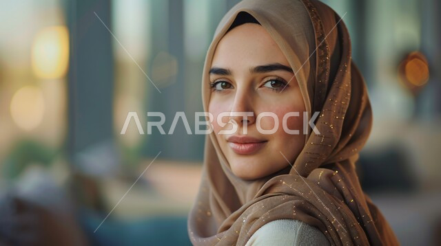 أزياء محجبات عصرية حديثة، الاهتمام بالأناقة والجمال والمظهر الخارجي, مفهوم الأنوثة والنعومة، صورة مقربة لامرأة خليجية سعودية عربية محجبة تنظر إلى الكاميرا بحركات تدل على الثقة بالنفس والسرور