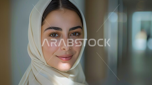 أزياء محجبات عصرية حديثة، الاهتمام بالأناقة والجمال والمظهر الخارجي, مفهوم الأنوثة والنعومة، صورة مقربة لامرأة خليجية سعودية عربية محجبة تنظر إلى الكاميرا بحركات تدل على الثقة بالنفس والسرور