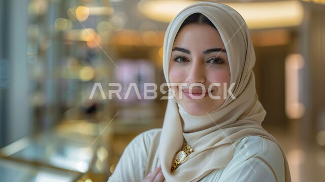 أزياء محجبات عصرية حديثة، الاهتمام بالأناقة والجمال والمظهر الخارجي, مفهوم الأنوثة والنعومة، صورة مقربة لامرأة خليجية سعودية عربية محجبة تنظر إلى الكاميرا بحركات تدل على الثقة بالنفس والسرور