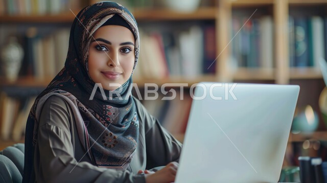 تصفح برامج التواصل الاجتماعي, التواصل مع الاهل والاصدقاء, أزياء محجبات عصرية حديثة، الاهتمام بالأناقة والجمال والمظهر الخارجي, مفهوم الأنوثة والنعومة، صورة مقربة لامرأة خليجية سعودية عربية محجبة تضع امامها حاسب محمول