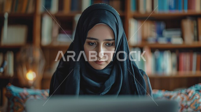 تصفح برامج التواصل الاجتماعي, التواصل مع الاهل والاصدقاء, أزياء محجبات عصرية حديثة، الاهتمام بالأناقة والجمال والمظهر الخارجي, مفهوم الأنوثة والنعومة، صورة مقربة لامرأة خليجية سعودية عربية محجبة تضع امامها حاسب محمول