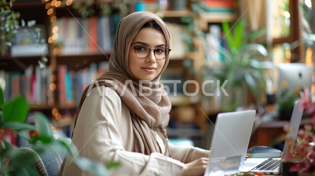 تصفح برامج التواصل الاجتماعي, التواصل مع الاهل والاصدقاء, أزياء محجبات عصرية حديثة، الاهتمام بالأناقة والجمال والمظهر الخارجي, مفهوم الأنوثة والنعومة، صورة مقربة لامرأة خليجية سعودية عربية محجبة تضع امامها حاسب محمول