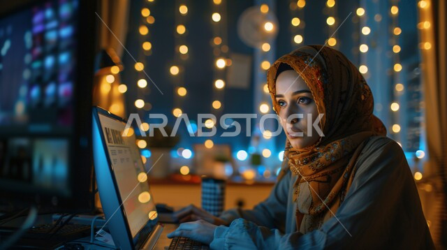 تصفح برامج التواصل الاجتماعي, التواصل مع الاهل والاصدقاء, أزياء محجبات عصرية حديثة، الاهتمام بالأناقة والجمال والمظهر الخارجي, مفهوم الأنوثة والنعومة، صورة مقربة لامرأة خليجية سعودية عربية محجبة تضع امامها حاسب محمول