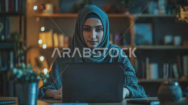 تصفح برامج التواصل الاجتماعي, التواصل مع الاهل والاصدقاء, أزياء محجبات عصرية حديثة، الاهتمام بالأناقة والجمال والمظهر الخارجي, مفهوم الأنوثة والنعومة، صورة مقربة لامرأة خليجية سعودية عربية محجبة تضع امامها حاسب محمول