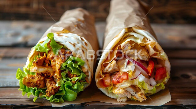 ساندويش شاورما الدجاج مع الخضراوات الطازجة والصلصات بالخبز المحمص، فنون تقديم الاطعمة في مطاعم ومطابخ المملكة العربية السعودية، وصفات وأطعمة لذيذة ومتميزة، المأكولات العربية الشرقية التقليدية، وجبات الطعام السريعة الشهية