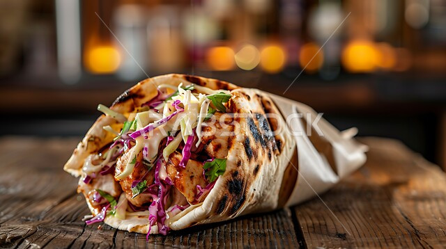 ساندويش شاورما الدجاج بالخبز المحمص مع الخضراوات الطازجة والصلصات، المأكولات العربية الشرقية التقليدية، وجبات الطعام السريعة الشهية، فنون تقديم الاطعمة في مطاعم ومطابخ المملكة العربية السعودية، وصفات وأطعمة لذيذة ومتميزة