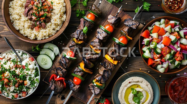 سفرة مليئة بأطباق اللحوم الحارة مع الخضراوات المختلفة، فنون تقديم الاطعمة الشرقية المتنوعة في مطاعم المملكة العربية السعودية، وصفات الطعام الصحي الشهية، وجبات خاصة بالبروتينات، المقبلات المتنوعة والمأكولات العربية التقليدية