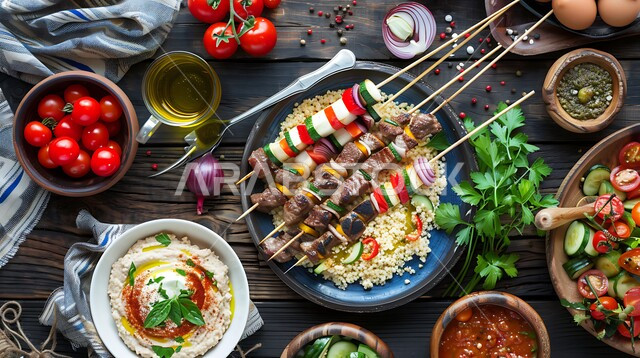  وصفات الطعام الصحية الشهية، وجبات غذائية غنية بالبروتينات، المقبلات المتنوعة والمأكولات العربية التقليدية، فنون تقديم الاطعمة الشرقية اللذيذة في مطاعم المملكة العربية السعودية، سفرة مليئة بأطباق اللحوم المشوية مع الأرز والخضراوات الطازجة