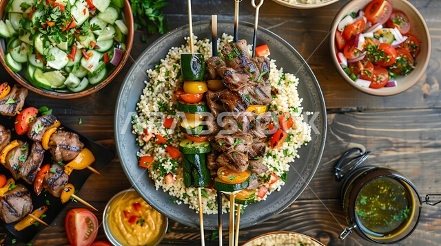  وجبات غذائية غنية بالبروتينات، المقبلات المتنوعة والمأكولات العربية التقليدية، وصفات الطعام الصحية الشهية، فنون تقديم الاطعمة الشرقية اللذيذة في مطاعم المملكة العربية السعودية، سفرة مليئة بأطباق اللحوم المشوية مع الأرز والخضراوات الطازجة