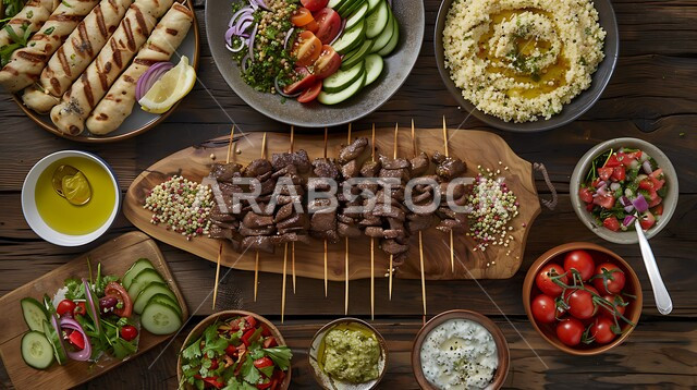  وصفات الطعام الصحية الشهية، فنون تقديم الأطعمة الشرقية اللذيذة، سفرة مليئة بأنواع اللحوم المشوية مع الارز والخضار والمقبلات، المطاعم في المملكة العربية السعودية، مأكولات وأطباق تقليدية، وجبات غذائية غنية بالبروتين