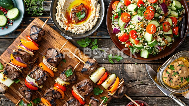  وجبة ذات قيمة غذائية عالية، اسياخ اللحم المشوية مع الطماطم والخضار المقدمة على لوح خشبي مع المقبلات، فنون التقديم في مطاعم ومطابخ المملكة العربية السعودية، أطباق من المأكولات العربية التقليدية الشعبية، اطعمة شهية صحية لذيذة