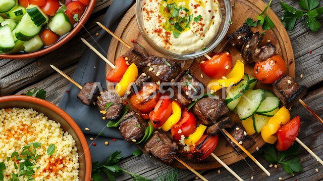 Delicious and healthy recipes, the art of presenting delicious oriental foods, a table full of grilled meats with rice, vegetables and appetizers, restaurants in the Kingdom of Saudi Arabia, traditional foods and dishes, protein-rich meals