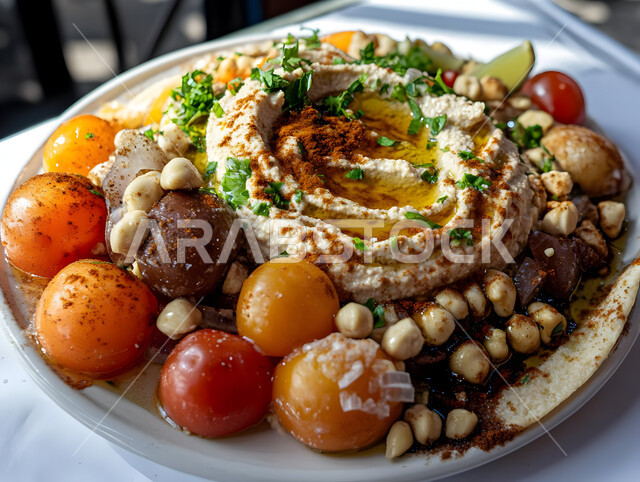 فنون التقديم في مطابخ المملكة العربية السعودية ، مأكولات وأطعمة تقليدية، وجبات الإفطار الصحية الشهية في المطاعم الشرقية، أصناف المقبلات الشعبية الباردة، صورة مقربة لطبق حمص مزين بالأعشاب وزيت الزيتون والطماطم الملونة