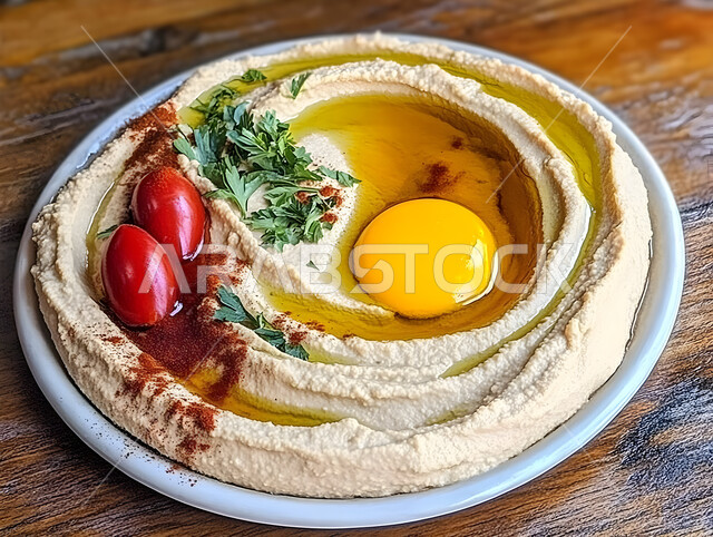 وجبات الإفطار الصحية الشهية في المطاعم الشرقية،مأكولات وأطعمة تقليدية،  أصناف المقبلات الشعبية الباردة، صورة مقربة لطبق من الحمص مغطى بزيت الزيتون وصفار البيض النيئ والطماطم الكرزية والأعشاب. ، فنون التقديم في مطابخ المملكة العربية السعودية