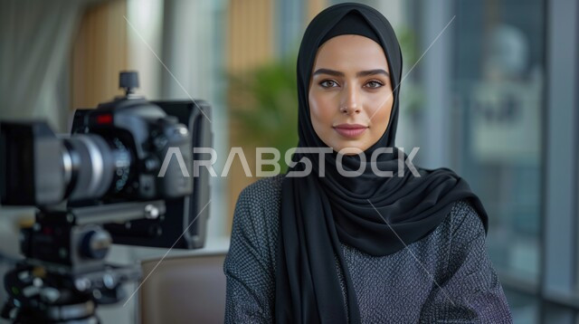 مفهوم الأنوثة والنعومة، ملابس محجبات عصرية راقية، الاهتمام بالمظهر الخارجي والأناقة، صورة مقربة لامرأة عربية خليجية سعودية محجبة تنظر إلى الكاميرا بايماءات الثقة بالنفس والسرور وبجانبها كاميرا تصوير عالية الدقة