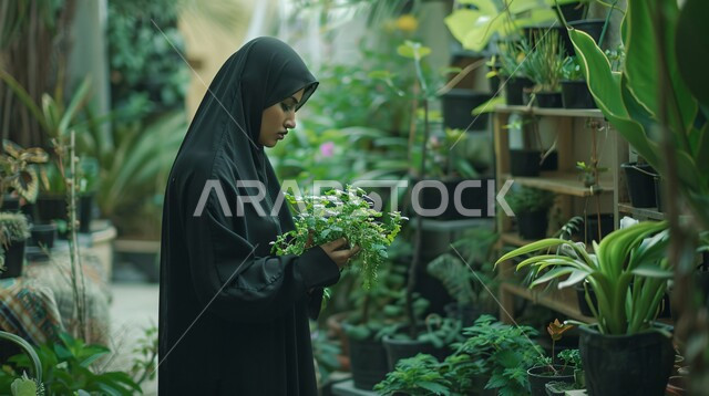 The concept of elegance and femininity, in external appearance, a picture from the side of a Saudi Arab woman wearing the abaya and hijab and holding a group of green plants in her hand, traditional modern fashion, Gulf abaya models with various designs, sophisticated Islamic hijabs
