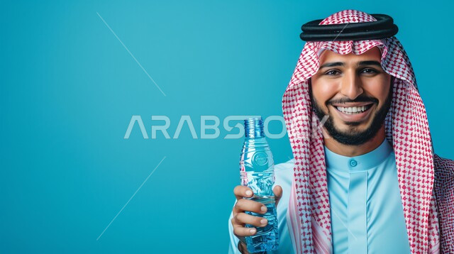 أهمية شرب الماء النقي للمحافظة على بشرة نضرة، بورتريه مقرب لرجل عربي خليجي سعودي يرتدي الشماغ والثوب يقوب بمسك عبوة بلاستيكية من المياه, المحافظة على سلامة الجهاز المناعي، التخلص من سموم الجسم، الحفاظ على صحة الكلى ومعالجتها، خلفية زرقاء
