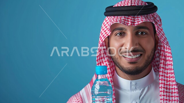 أهمية شرب الماء النقي للمحافظة على بشرة نضرة، بورتريه مقرب لرجل عربي خليجي سعودي يرتدي الشماغ والثوب يقوب بمسك عبوة بلاستيكية من المياه, المحافظة على سلامة الجهاز المناعي، التخلص من سموم الجسم، الحفاظ على صحة الكلى ومعالجتها، خلفية زرقاء