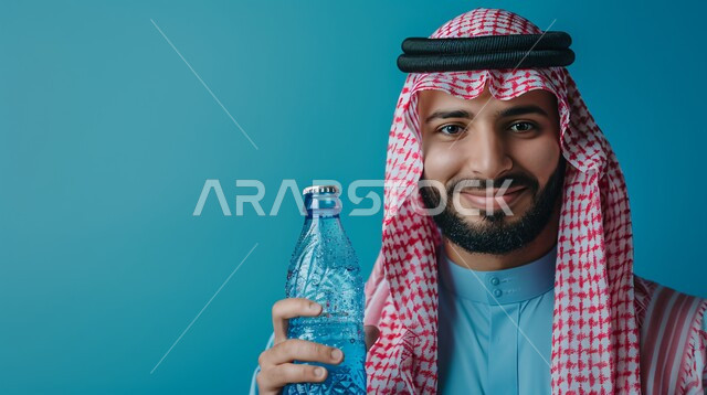 أهمية شرب الماء النقي للمحافظة على بشرة نضرة، بورتريه مقرب لرجل عربي خليجي سعودي يرتدي الشماغ والثوب يقوب بمسك عبوة بلاستيكية من المياه, المحافظة على سلامة الجهاز المناعي، التخلص من سموم الجسم، الحفاظ على صحة الكلى ومعالجتها، خلفية زرقاء