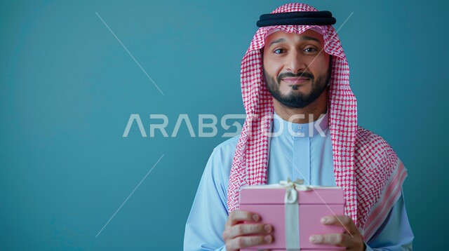 مفهوم الاعياد والمناسبات وتقديم الهداية، بورتريه مقرب لرجل عربي سعودي خليجي يرتدي الثوب والشماغ  يحمل بيده هدية، النظر الى الكاميرا بثقه وسرور, خلفية زرقاء