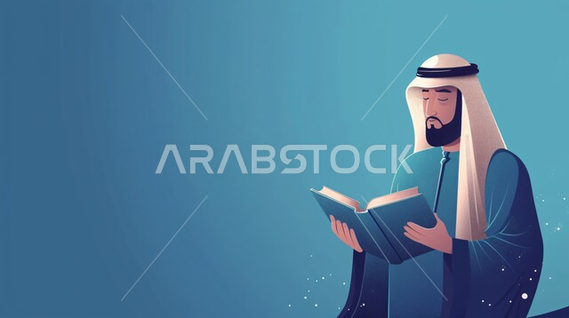 ايماءات القراءة و المطالعة, مفهوم التعلم والتثقف, رسم توضيحي لرجل عربي خليجي سعودي يرتدي الثوب مع الغترة ويحمل بيديه كتاب , ازياء سعودية انيقة, خلفية زرقاء   