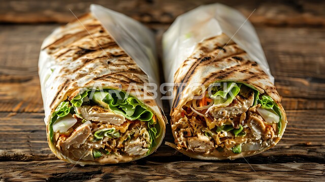 فنون التقديم في مطاعم ومطابخ المملكة السعودية،  المأكولات العربية الشرقية،  صورة مقربة لساندويش شاورما الدجاج مع الخضراوات الطازجة،  وجبات الطعام السريعة الشهية