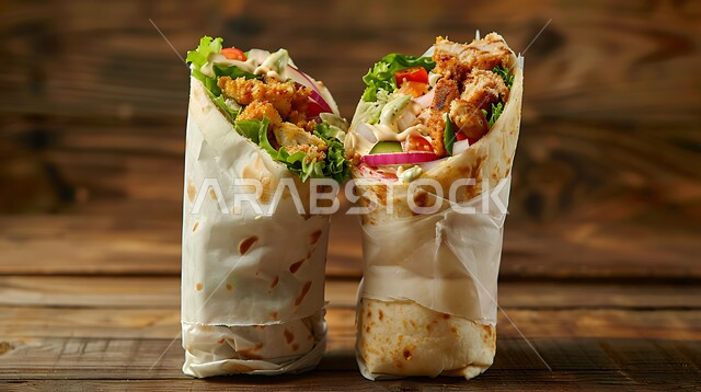 Eastern Arabic food, a close-up of a chicken shawarma sandwich with fresh vegetables, delicious fast food meals, presentation arts in restaurants and kitchens in the Kingdom of Saudi Arabia