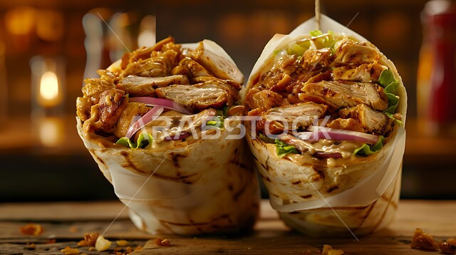 Eastern Arabic food, a close-up of a chicken shawarma sandwich with fresh vegetables, delicious fast food meals, presentation arts in restaurants and kitchens in the Kingdom of Saudi Arabia