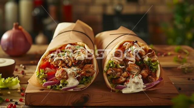 Eastern Arabic food, a close-up of a chicken shawarma sandwich with fresh vegetables, delicious fast food meals, presentation arts in restaurants and kitchens in the Kingdom of Saudi Arabia