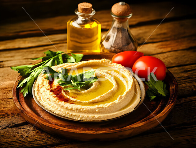 المقبلات النباتية الباردة اللذيذة، صورة مقربة لطبق من الحمص الكريمي اللذيذ المزين بزيت الزيتون والتوابل والاوراق الخضراء على سطح خشبي، مأكولات وأطباق شعبية تقليدية، وصفات طعام شرقية عربية سعودية، تزيين الطعام بأساليب فنية، فطور عربي تقليدي، أطعمة ذات انتاج محلي وطني