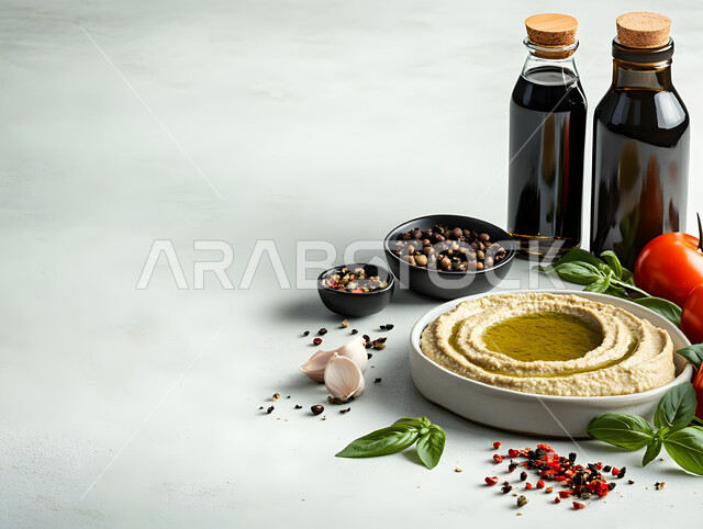 Food presentation art in oriental restaurants, delicious cold vegetarian appetizers, close up of a plate of delicious creamy hummus garnished with olive oil, traditional popular foods and dishes, traditional arabic breakfast, food decoration in artistic ways, locally produced national foods, white background