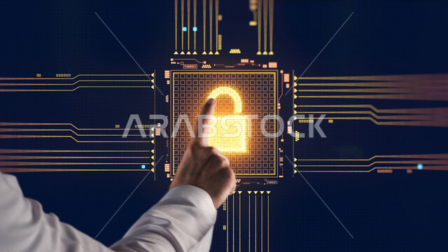 Close-up of the hand of a Saudi Gulf man, pressing his finger to unlock the hologram security lock, a group of geometric shapes and frames using hologram technology, using the 3D hologram feature, protection and safety