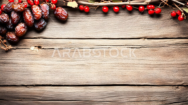 وجبات غذائية صحية ذات قيمة عاليه، سطح ريفي خشبي مزين بالتمر والتوت الأحمر، ضيافة رمضانية شهية، الأنواع المختلفة من التمور اللذيذة، منتجات وطنية محلية في المملكة العربية السعودية