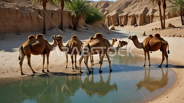 نياق بيضاء في وسط الصحراء، بركة ماء في الطبيعه الصحراويه، تربية الإبل في المملكه العربيه السعوديه، مجموعه من الجمال العربيه الاصيله في الواحه