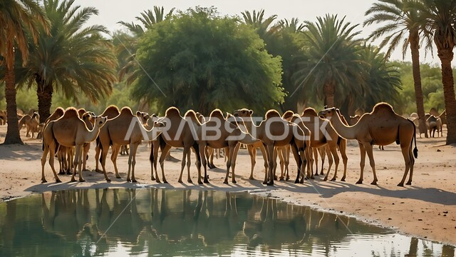 بركة ماء في الطبيعه الصحراويه، تربية الإبل في المملكه العربيه السعوديه، مجموعه من الجمال العربيه الاصيله في الواحه ، نياق بيضاء في وسط الصحراء