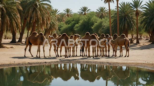 بركة ماء في الطبيعه الصحراويه، تربية الإبل في المملكه العربيه السعوديه، مجموعه من الجمال العربيه الاصيله في الواحه ، نياق بيضاء في وسط الصحراء