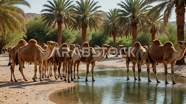 بركة ماء في الطبيعه الصحراويه، تربية الإبل في المملكه العربيه السعوديه، مجموعه من الجمال العربيه الاصيله في الواحه ، نياق بيضاء في وسط الصحراء